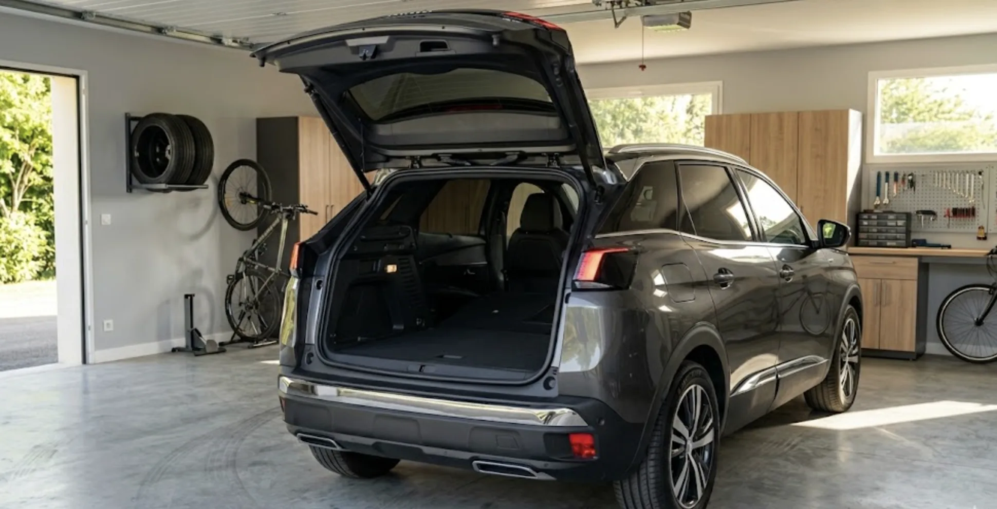 Peugeot 3008 gris foncé dans un garage, coffre grand ouvert révélant l'intérieur vide avec les sièges arrière rabattus