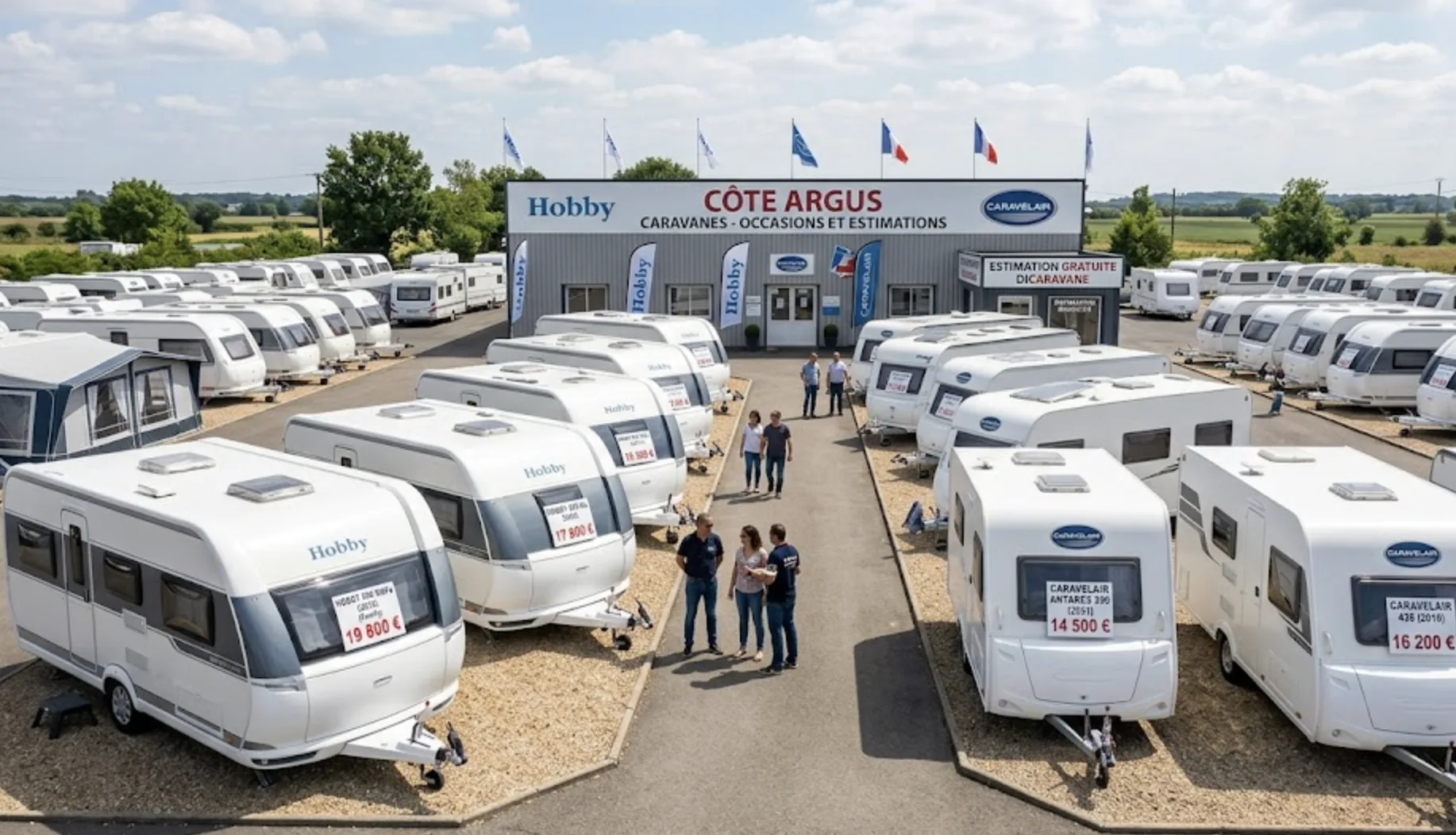 Showroom de caravanes d'occasion Hobby et Caravelair avec étiquettes de prix, marché argus caravane