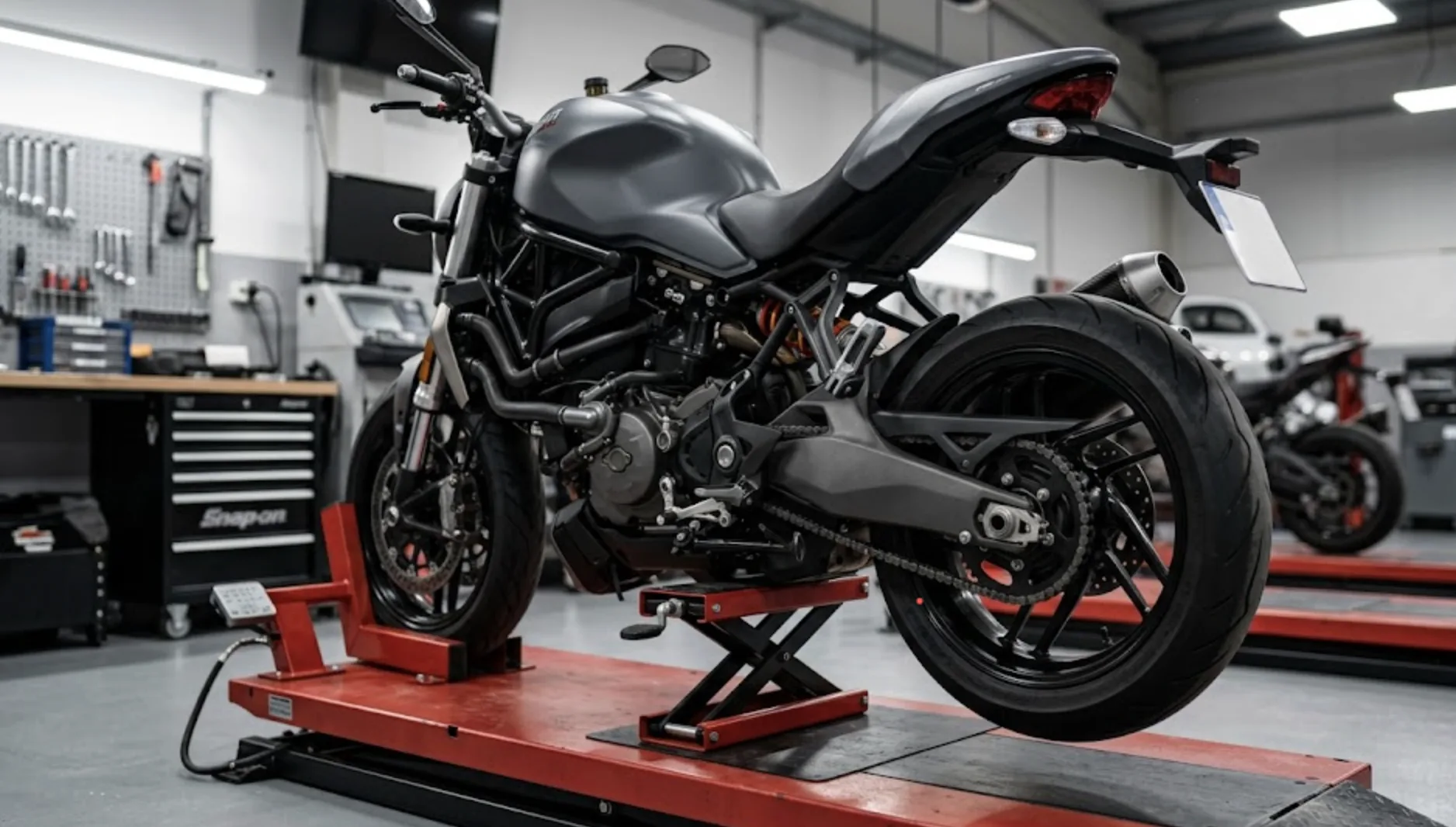 Moto gros cube sécurisée sur lève-moto d'atelier rouge, roue arrière délestée du sol