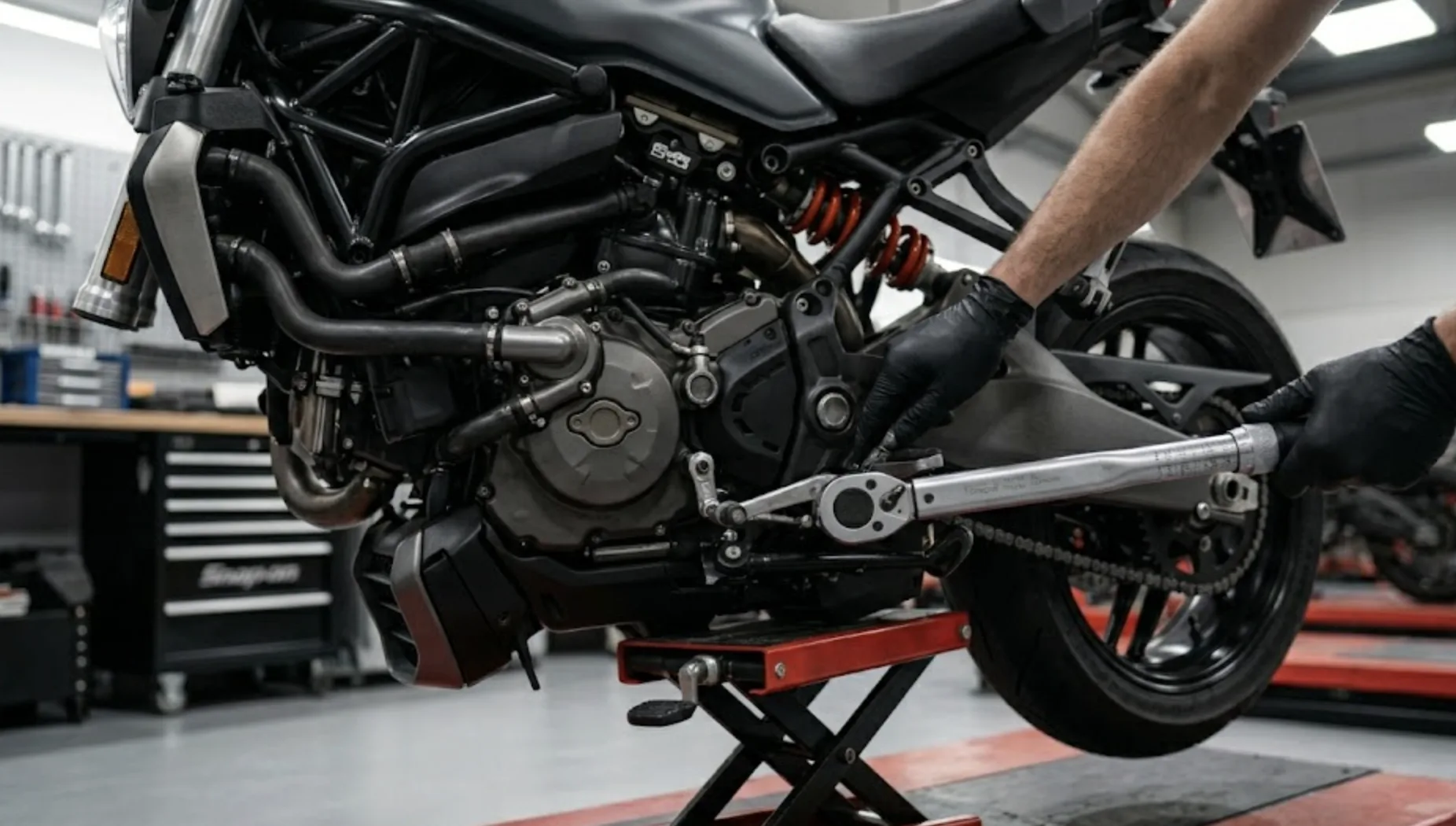 Mains gantées d'un mécanicien utilisant une clé dynamométrique pour serrer l'axe d'une biellette de suspension