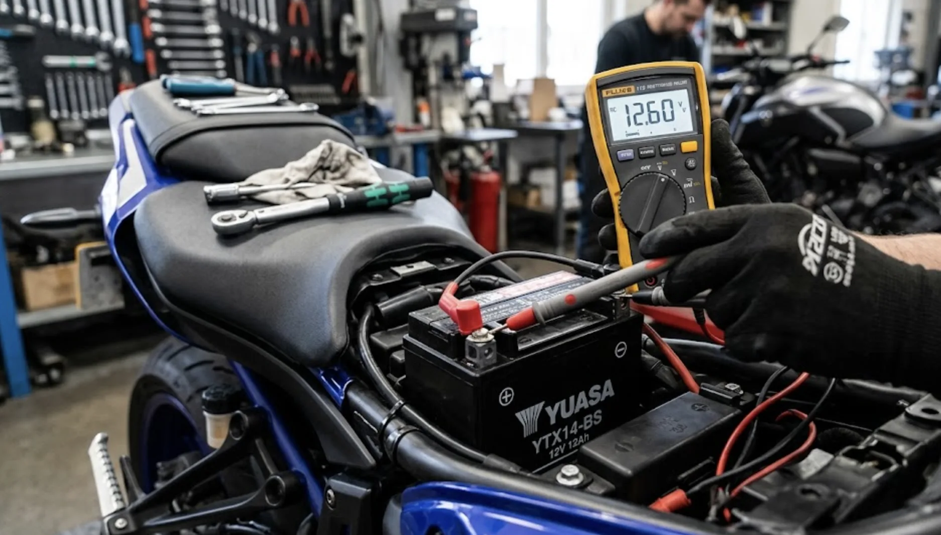 Sondes de multimètre posées sur les bornes d'une batterie moto, écran affichant 12.6V