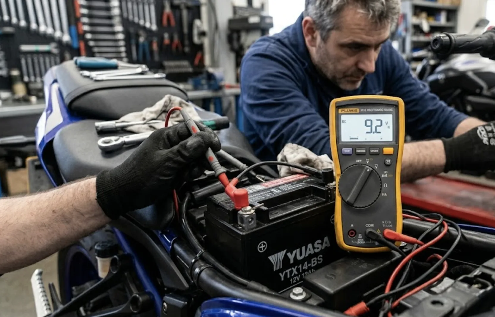 Main de mécanicien appuyant sur le démarreur d'une moto, multimètre affichant une chute de tension à 9.2V
