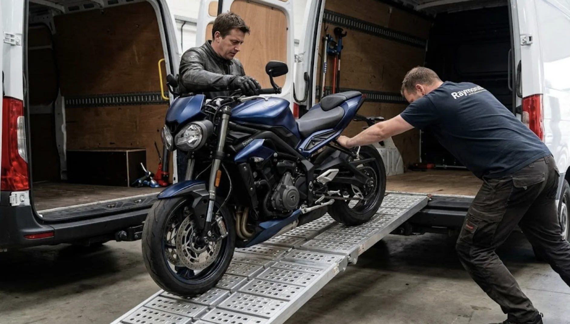 Deux personnes chargeant une moto roadster bleue dans un fourgon via une rampe aluminium, ambiance garage réaliste