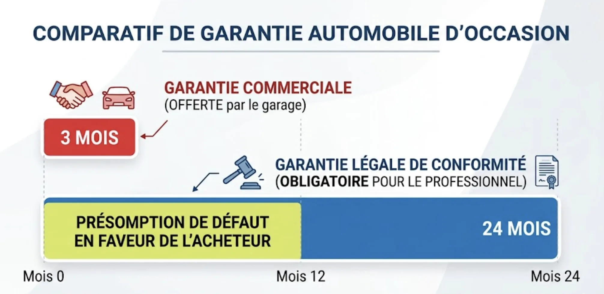 Comparatif garantie 3 mois commerciale et garantie légale 24 mois voiture occasion