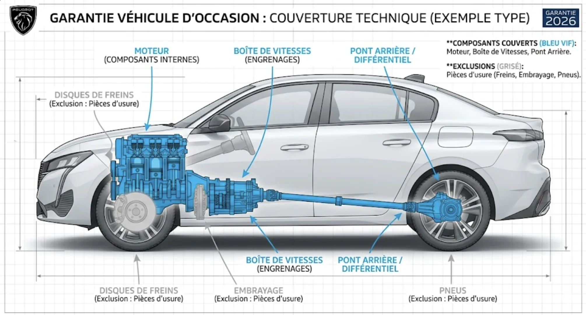 Schéma châssis voiture avec moteur, boîte et pont colorés en bleu et pièces d'usure exclues en gris