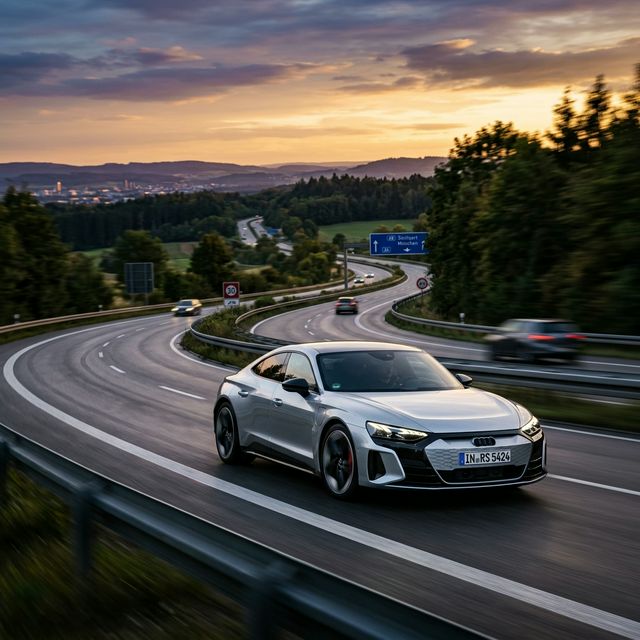 Audi RS e-tron GT grise sur autoroute allemande au coucher du soleil