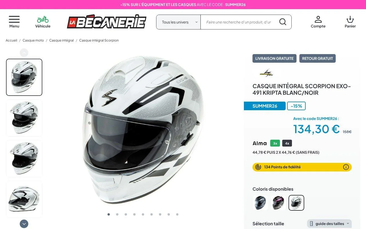 Casque intégral Scorpion Exo-491 Kripta blanc et noir, catégorie sport touring