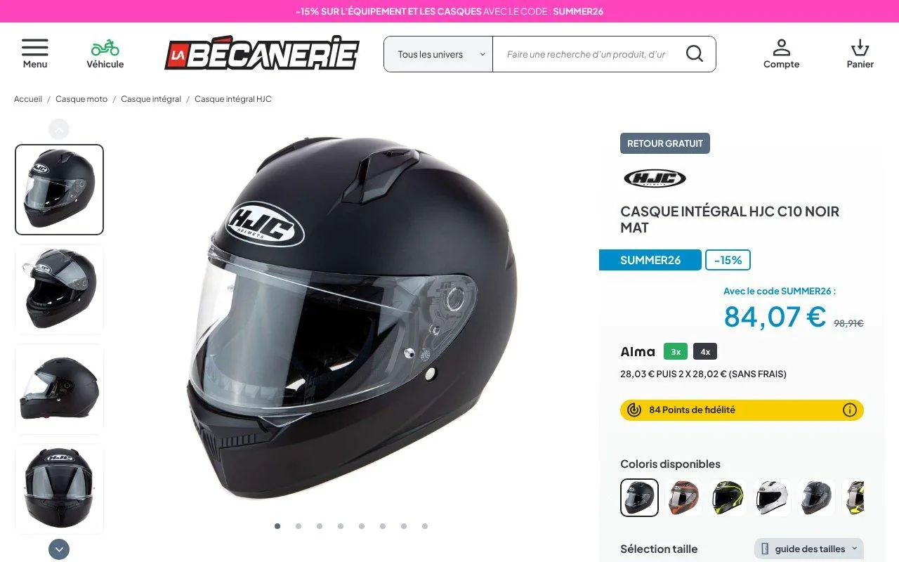 Casque intégral HJC C10 noir mat, modèle d'entrée de gamme moto et scooter