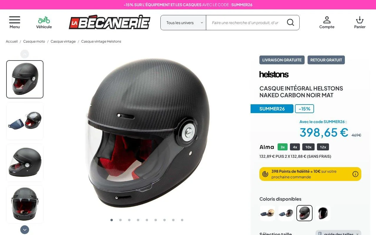 Casque intégral Helstons Naked Carbon noir mat, style vintage et coque carbone
