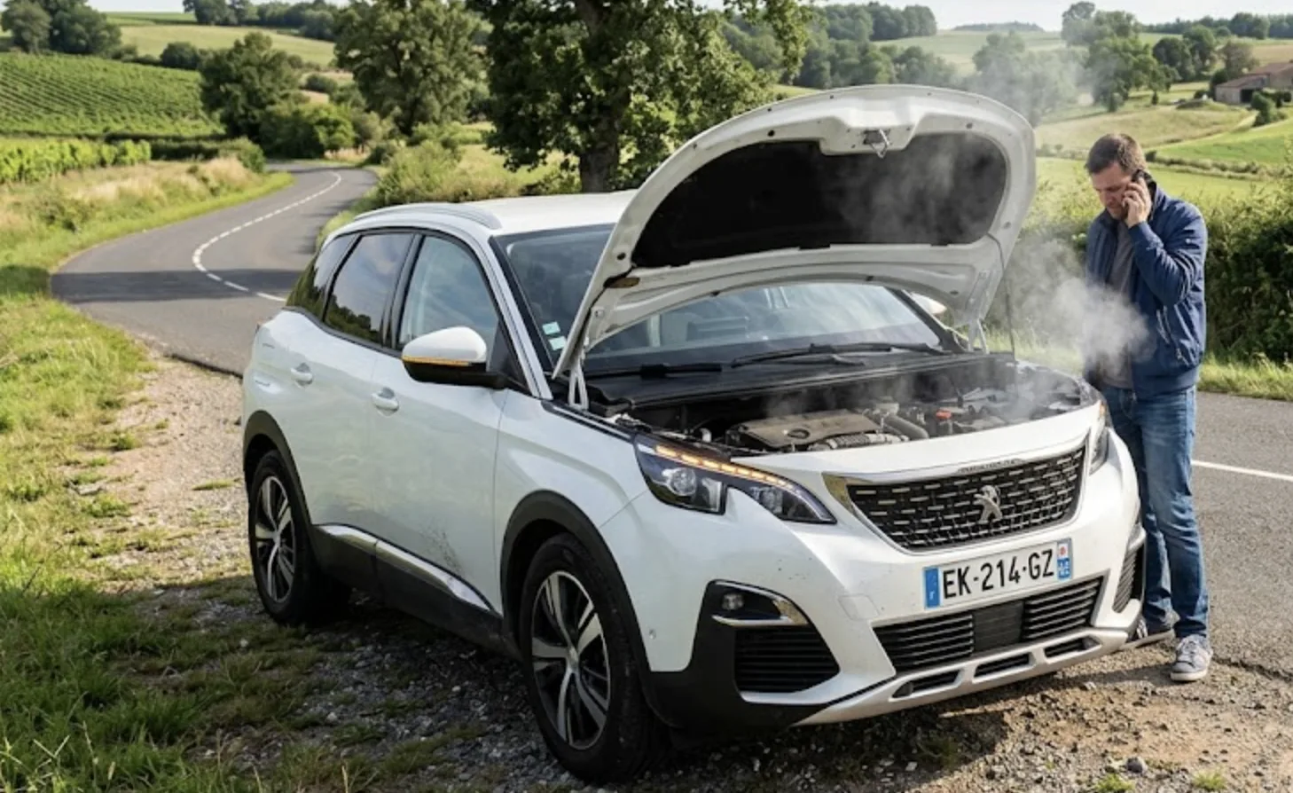 Peugeot immobilisée capot ouvert avec fumée, gros plan courroie de distribution craquelée