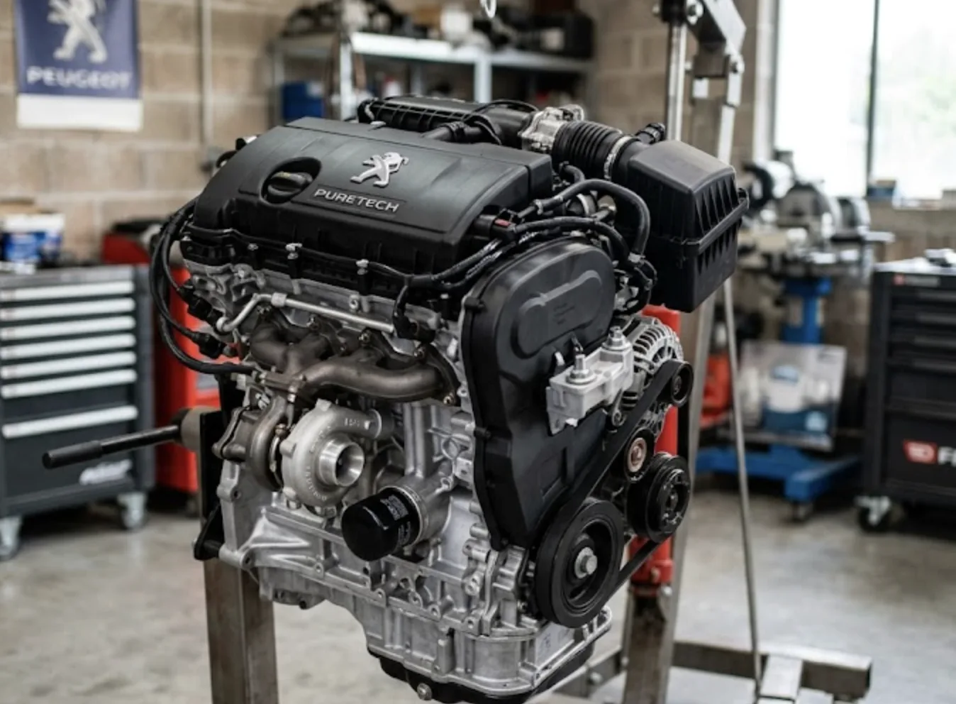 Schéma 3D moteur 1.2 PureTech en coupe montrant la courroie humide et les résidus obstruant la crépine d'huile