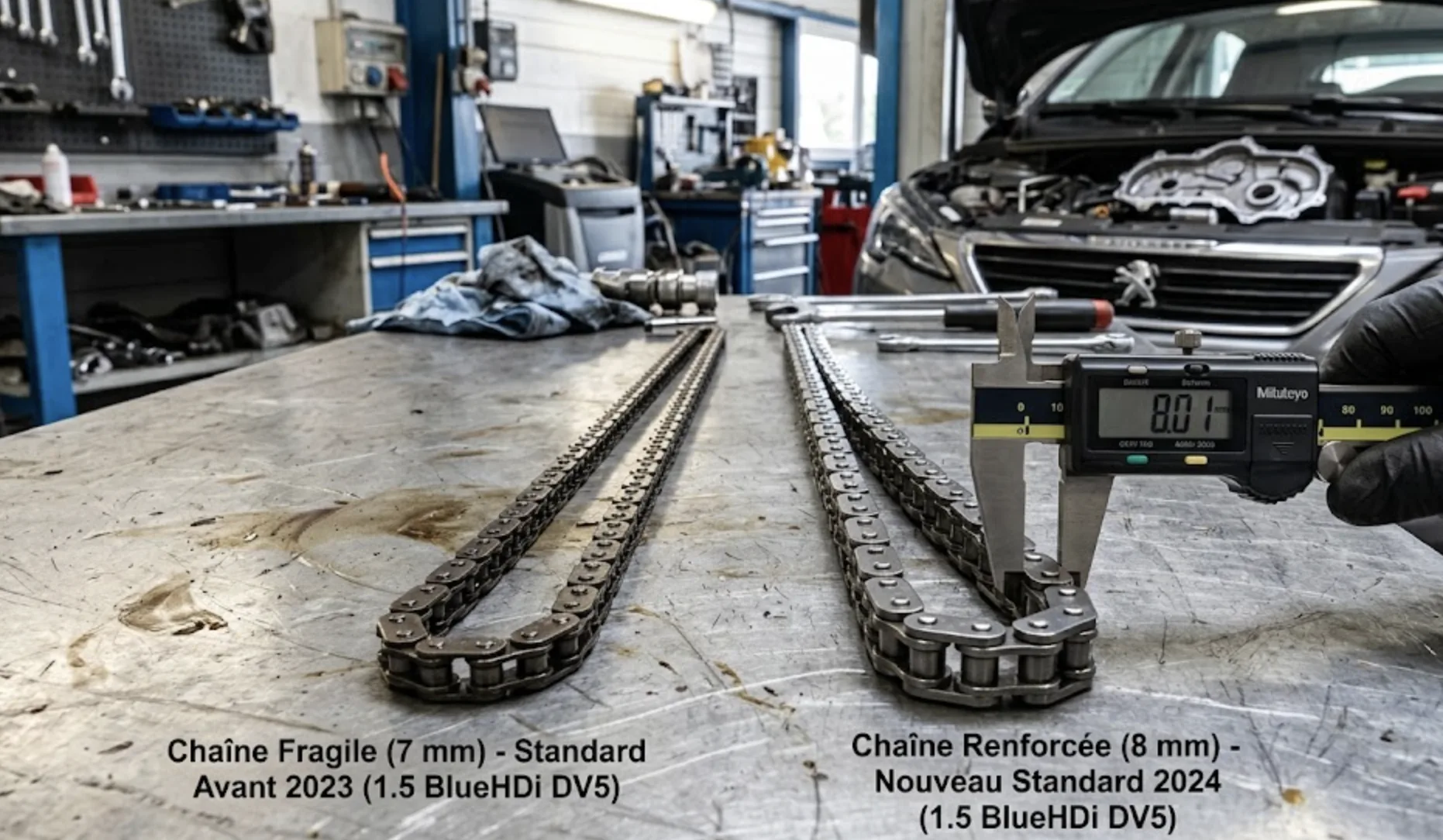Comparatif chaîne de distribution 7mm BlueHDi standard vs chaîne renforcée 8mm 2024 sur plan de travail d'atelier