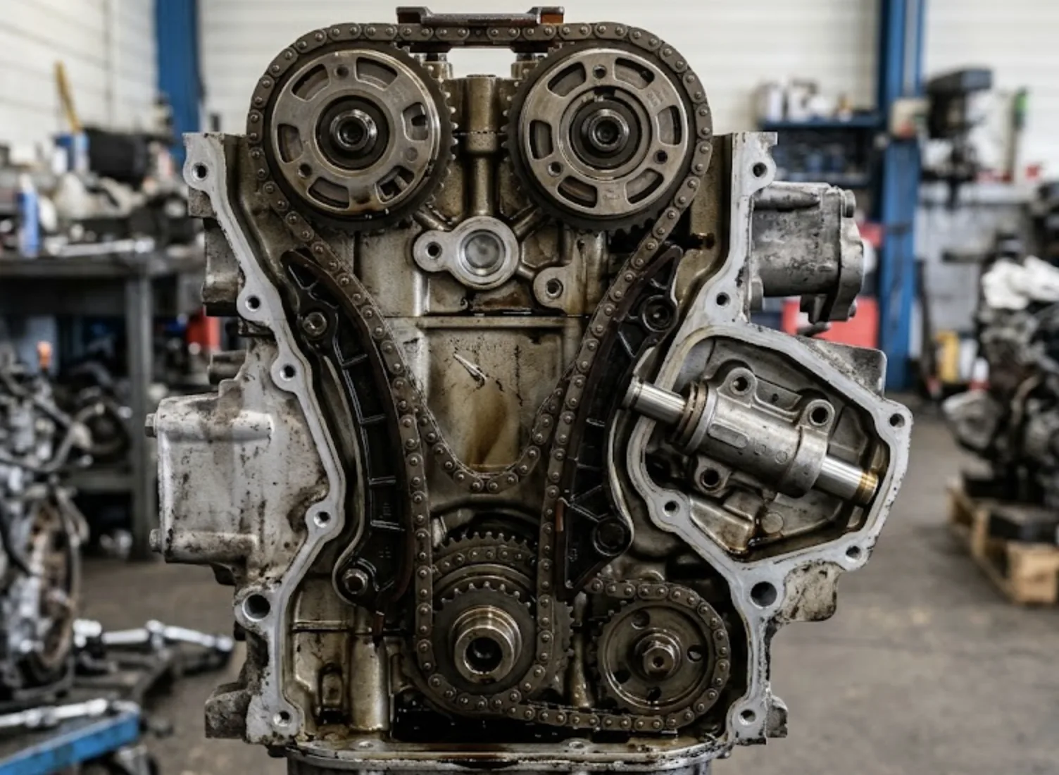 Côté distribution moteur 1.6 THP ouvert montrant la chaîne allongée et le tendeur hydraulique en extension maximale