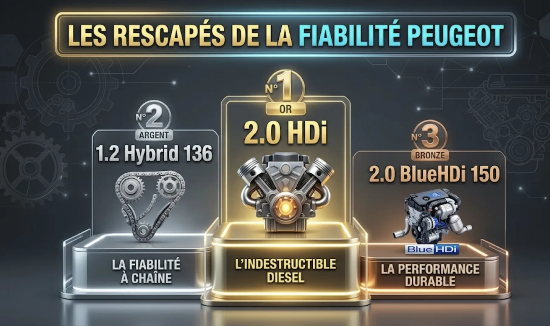 Podium fiabilité Peugeot : 2.0 HDi en or, 1.2 Hybrid 136 en argent, 2.0 BlueHDi 150 en bronze