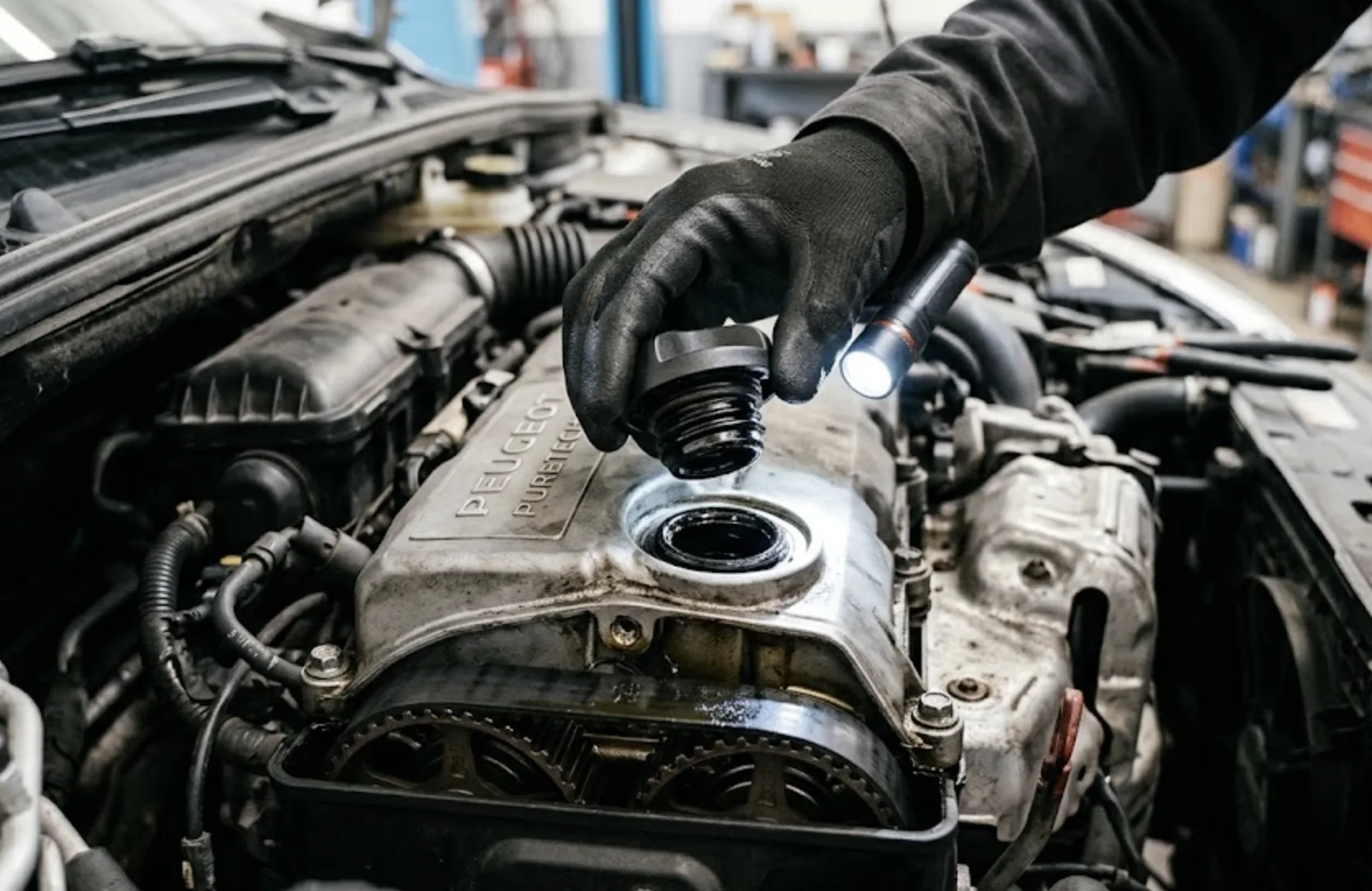Main de mécanicien dévissant le bouchon de remplissage d'huile pour inspecter l'état de la courroie de distribution Peugeot