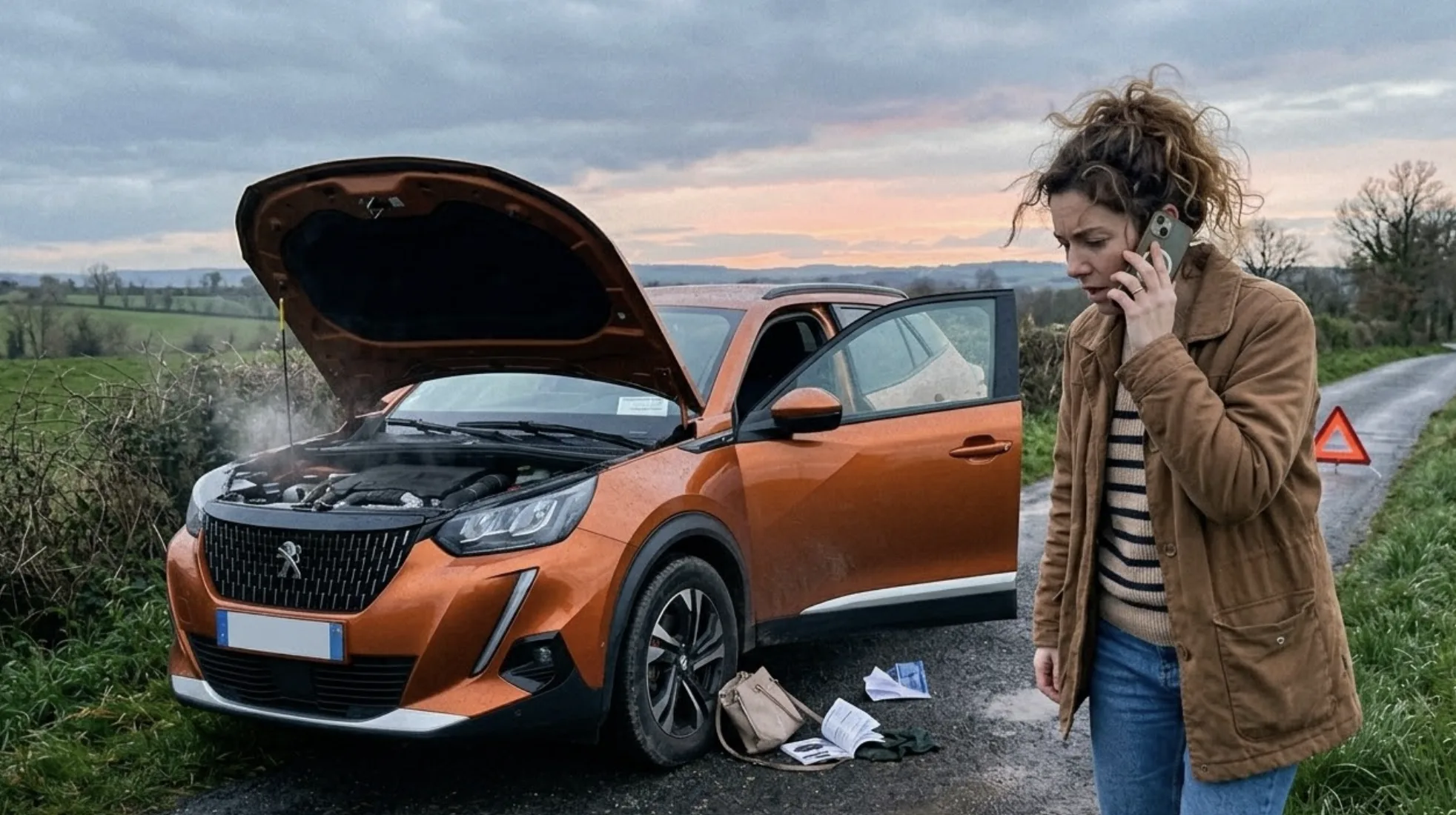 Peugeot 2008 de couleur orange en panne sur une route avec le capot ouvert