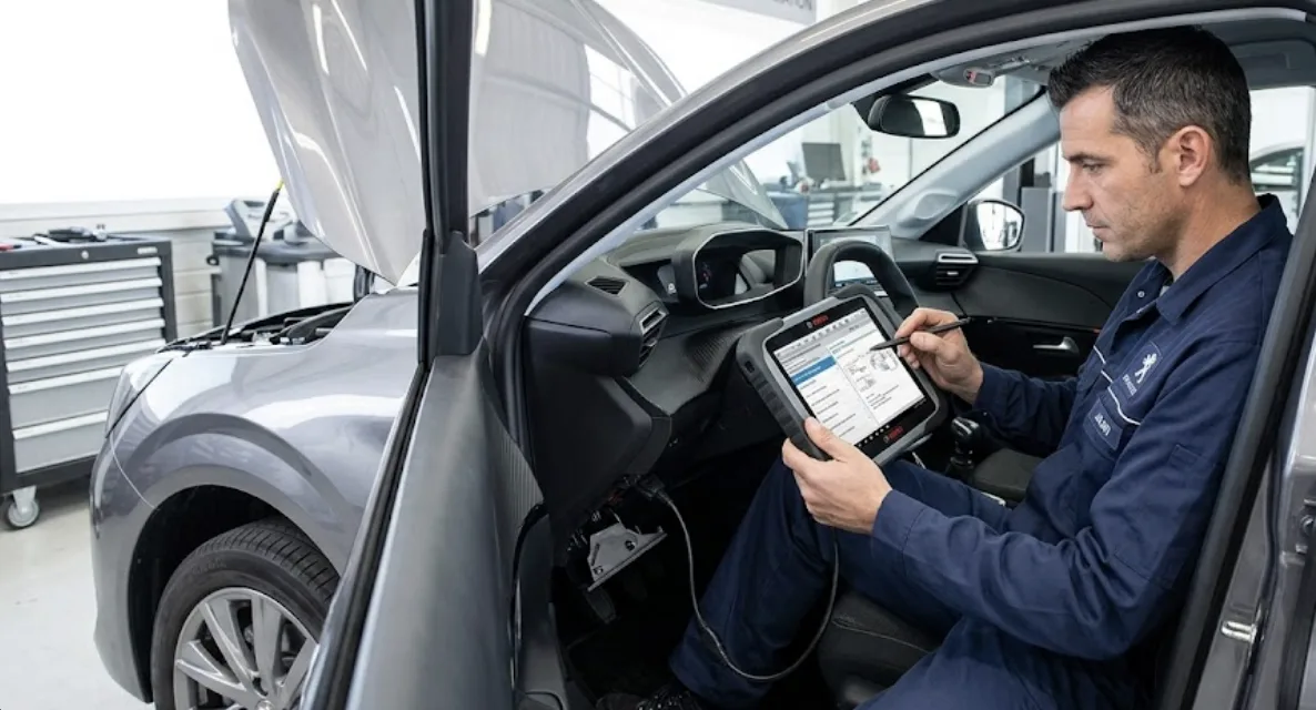 Valise de diagnostic OBD2 branchée sur une Peugeot 208 en atelier