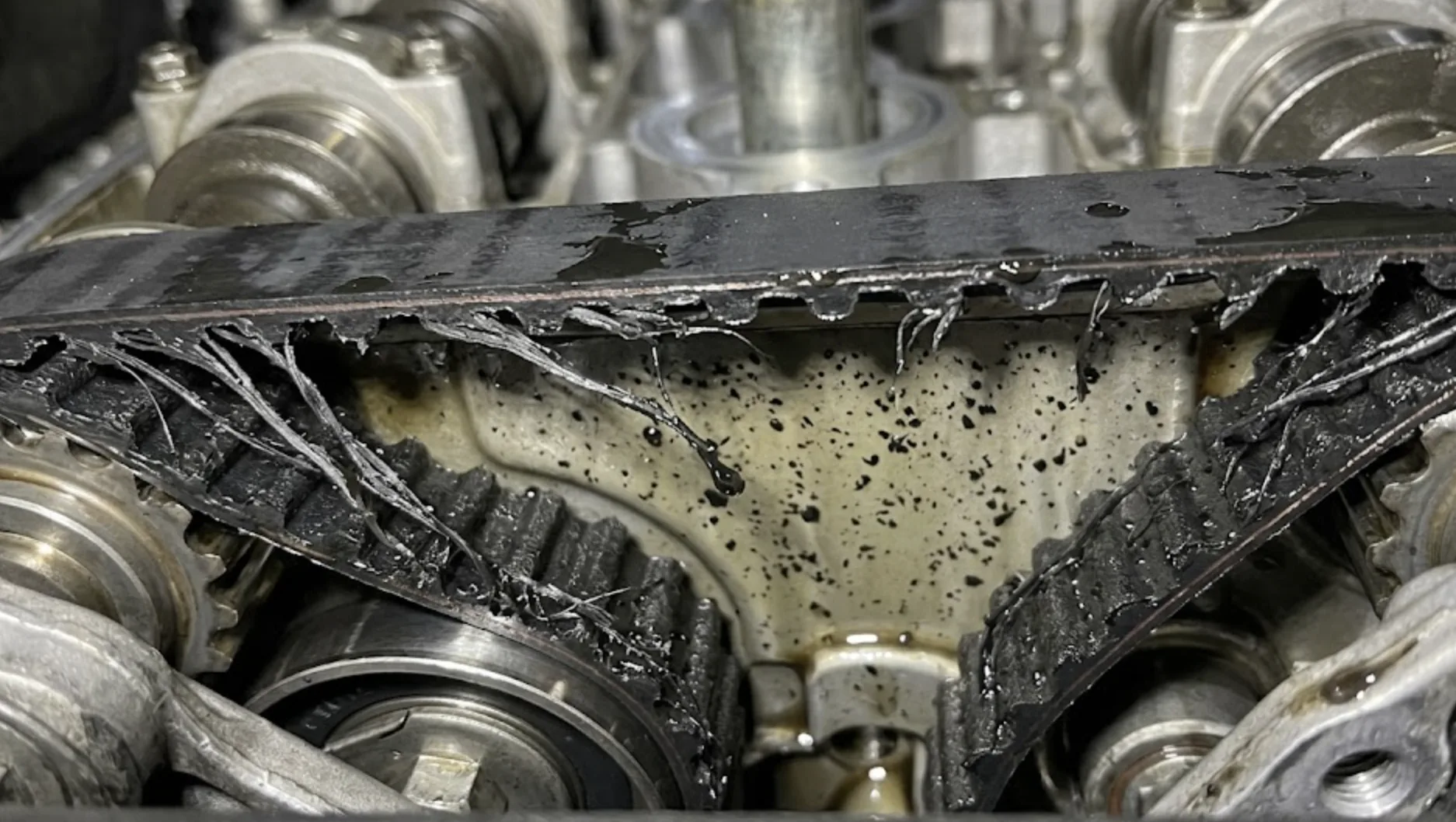 Courroie de distribution humide du moteur Peugeot 1.2 PureTech effilochée avec débris d'huile