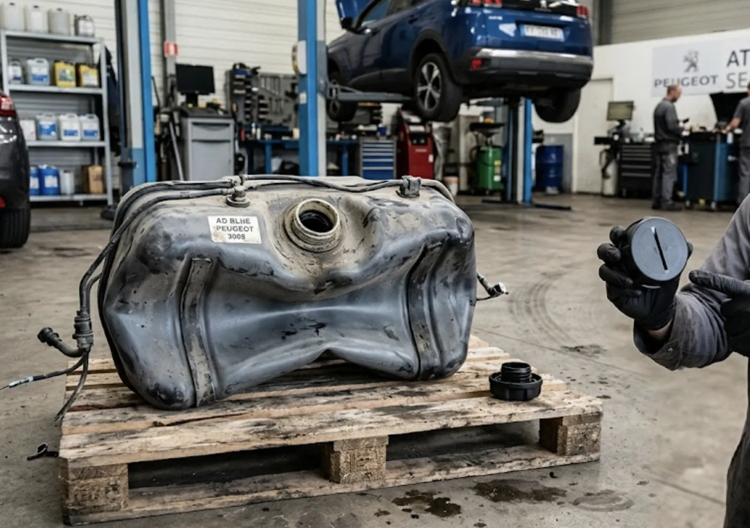 Réservoir AdBlue de Peugeot 3008 déformé par mise sous vide et bouchon de remplacement avec valve