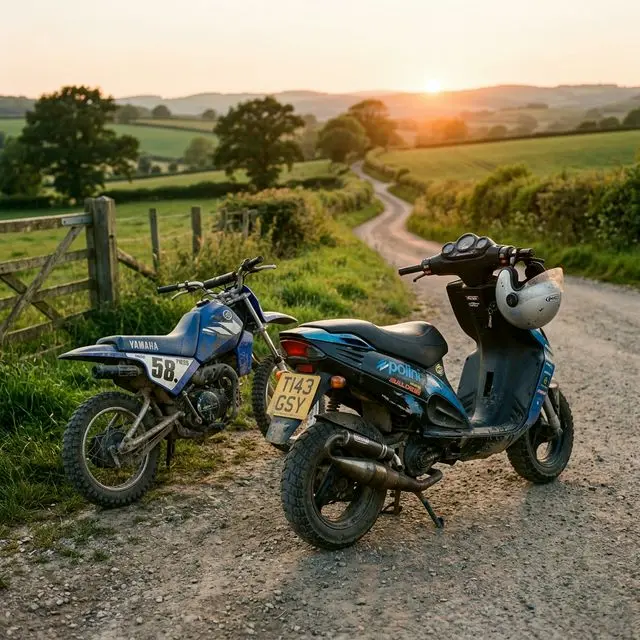 Moto mécaboîte Peugeot XP6 et ancien scooter Peugeot Trekker en milieu rural