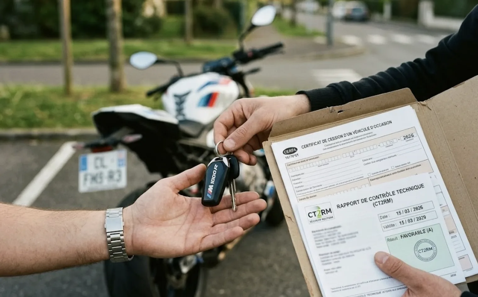 Transaction de moto entre particuliers avec dossier de cession et rapport CT2RM