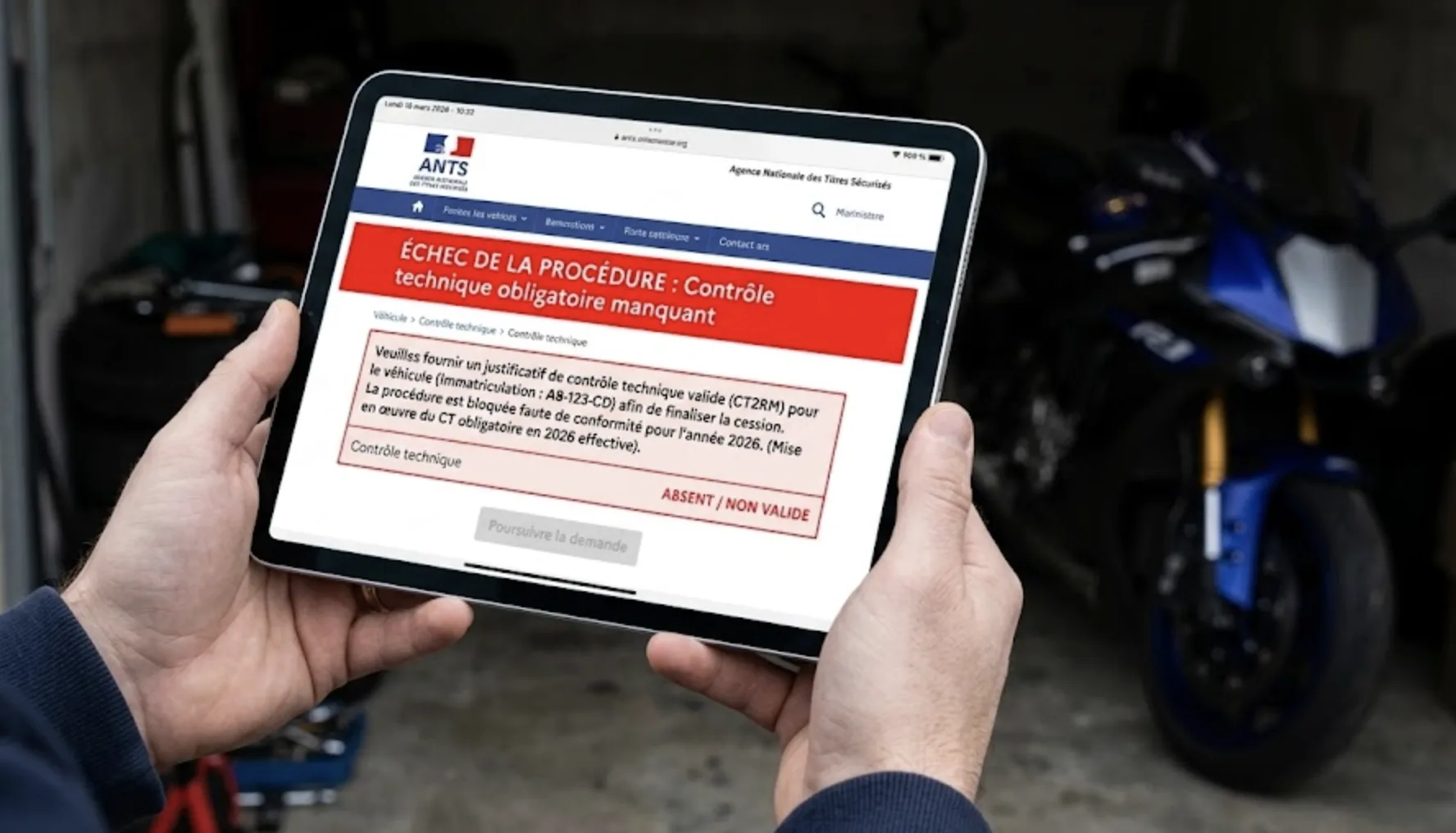 Portail ANTS affichant un blocage de transfert pour contrôle technique manquant