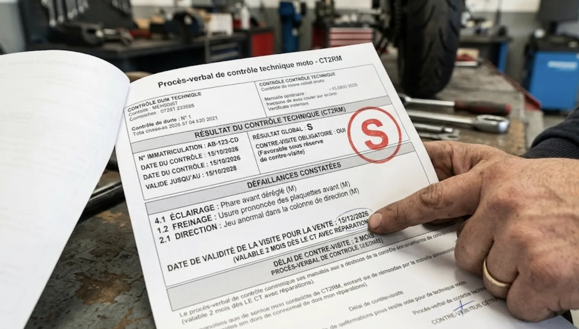 Procès-verbal CT moto avec tampon contre-visite et date de validité de 2 mois visible