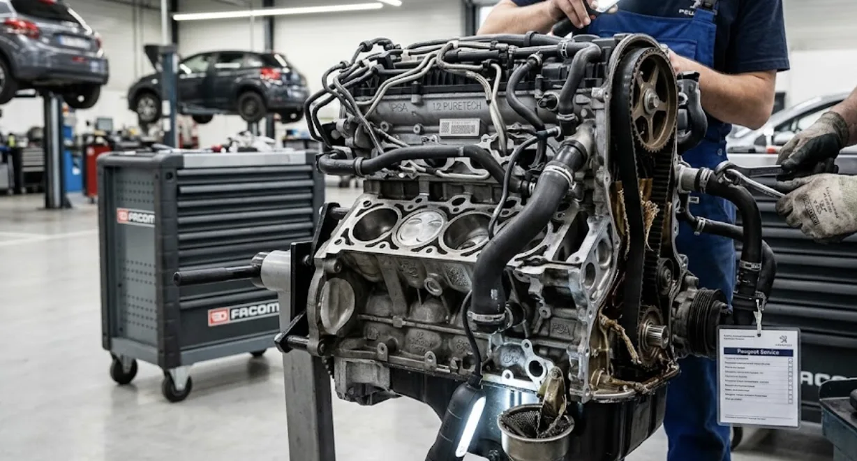 Moteur 1.2 PureTech Peugeot 208 ouvert en atelier mécanique
