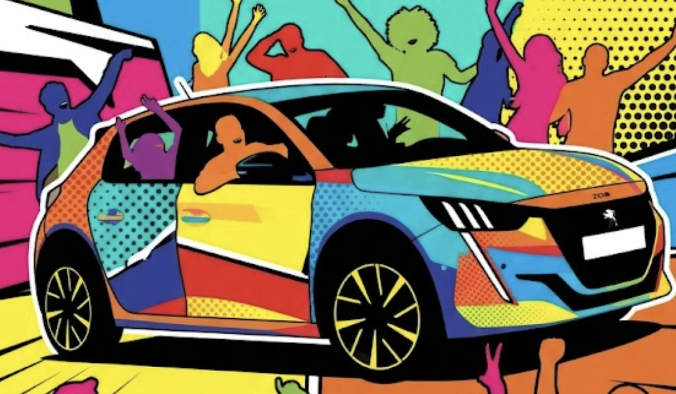 Affiche publicitaire Peugeot e-208 électrique sur fond coloré rouge et vert