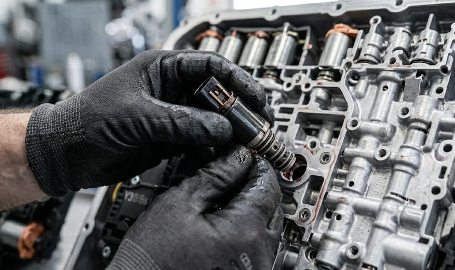 Démontage prudent des électrovannes et de la valve manuelle sur un bloc hydraulique Mercedes.