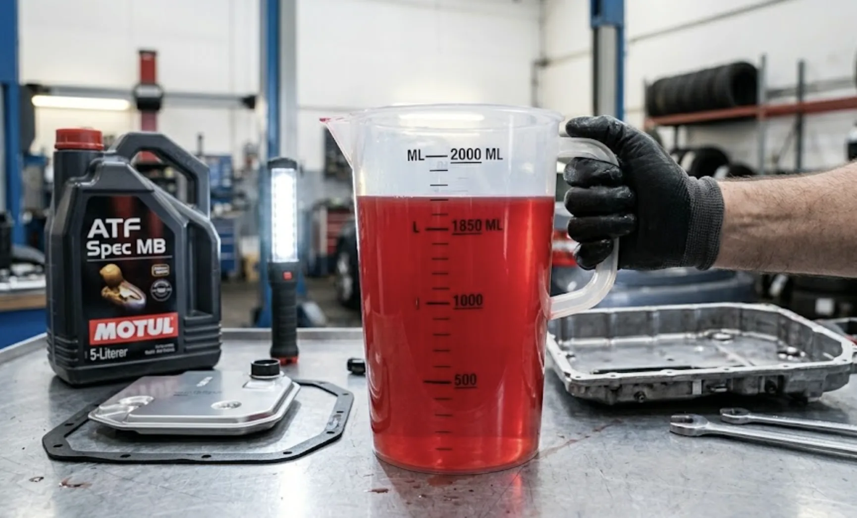 Mesure précise de l'huile de transmission ATF dans un bac gradué pour boîte automatique.