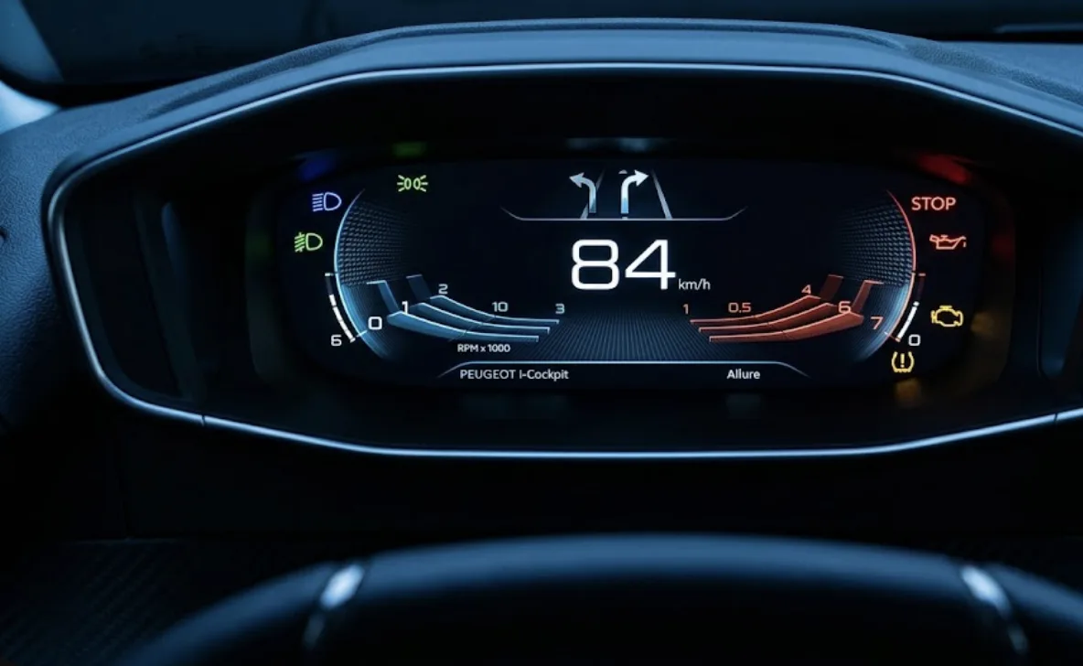 i-Cockpit Peugeot 208 Allure avec plusieurs voyants lumineux visibles