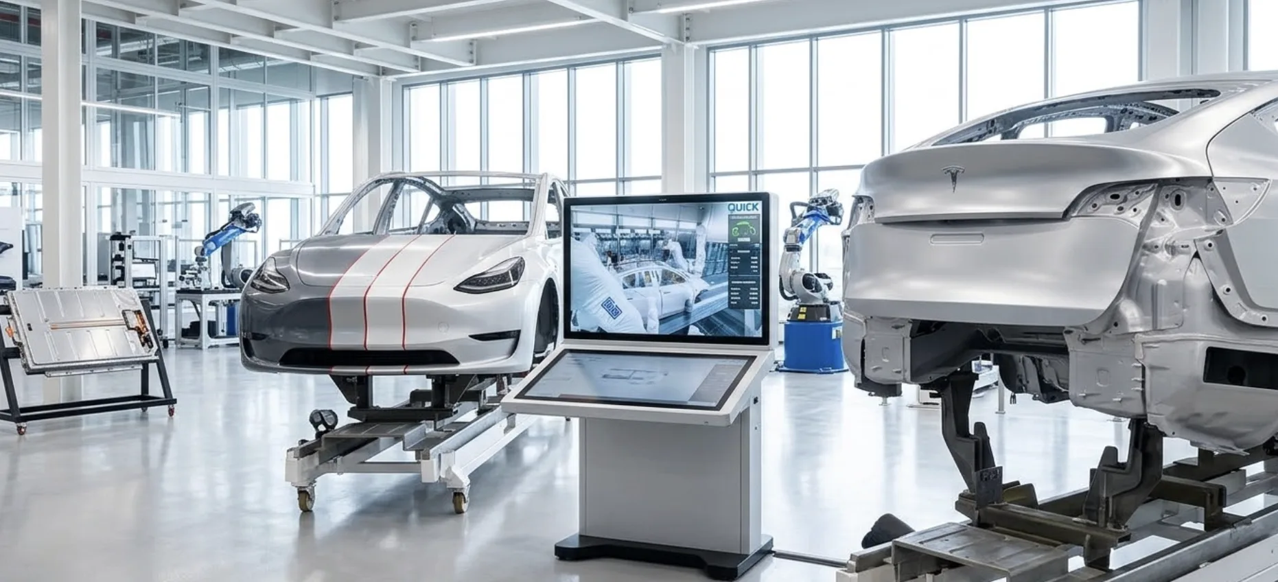 Illustration du principe l'Unboxed Process en usine de montage