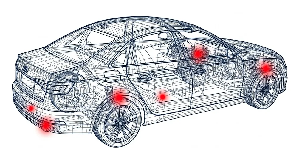 Schéma des cachettes fréquentes d'un traceur GPS sur un véhicule : passages de roues, prise OBD-II, pare-chocs, châssis