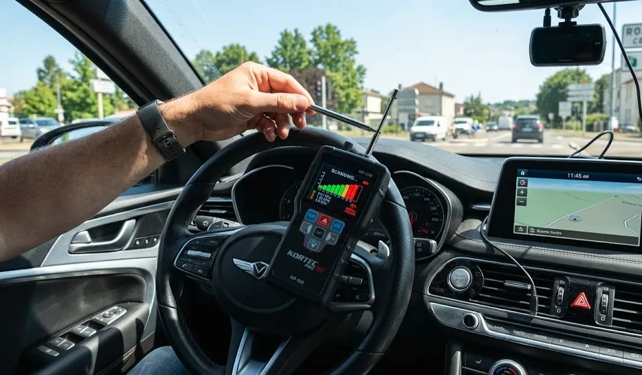 Main tenant un détecteur de fréquences RF pour scanner l'habitacle d'une voiture à la recherche d'un traceur espion