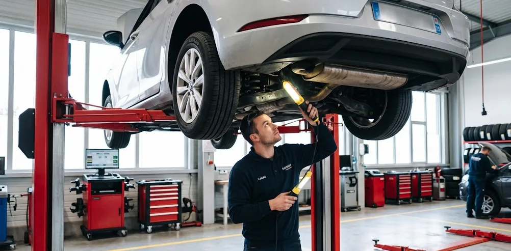 Mécanicien professionnel inspectant le dessous d'une voiture sur un pont élévateur hydraulique dans un garage moderne