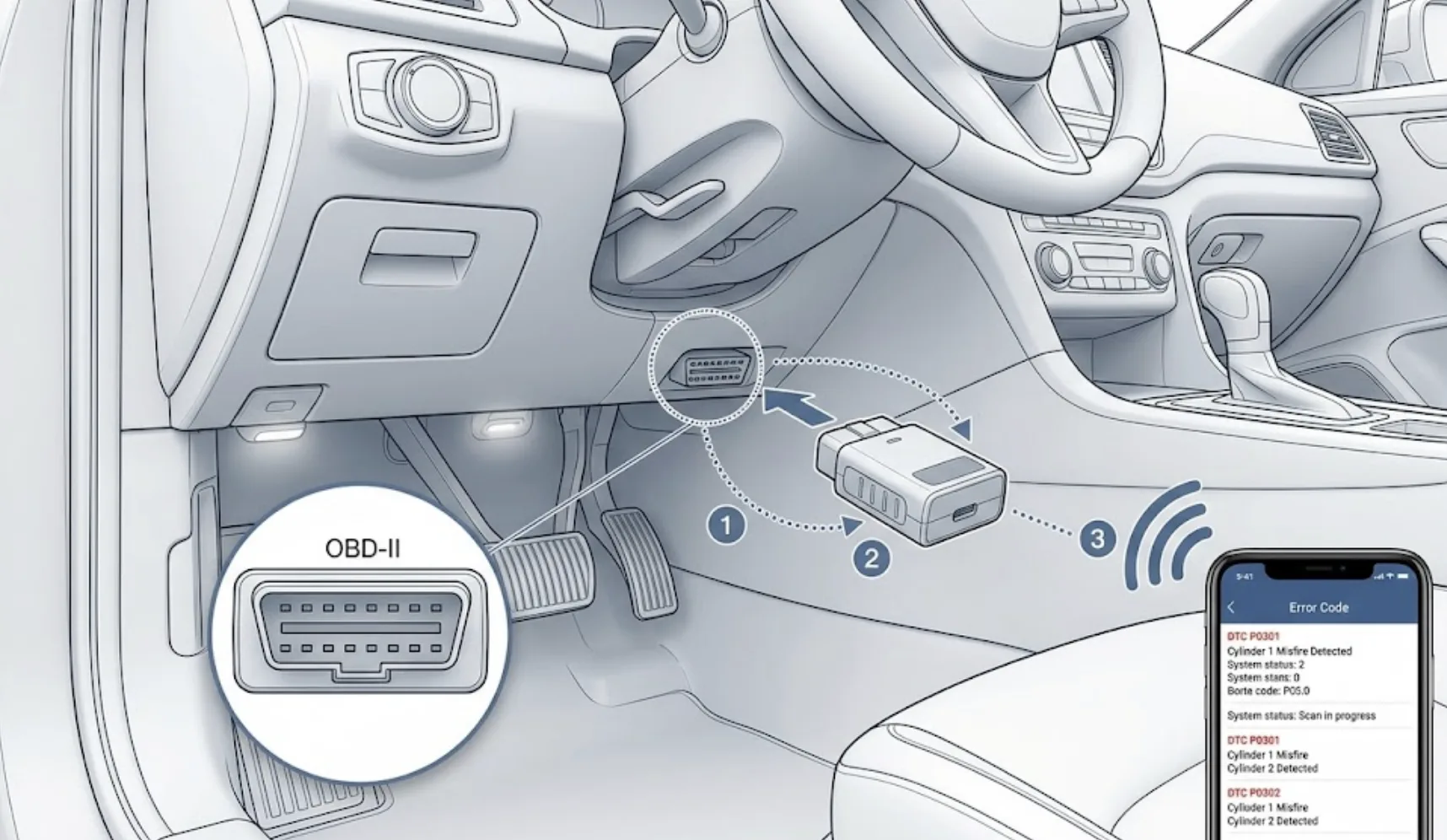 Boîtier OBD2 branché sur la prise diagnostic sous le volant — lecture du code défaut voyant moteur