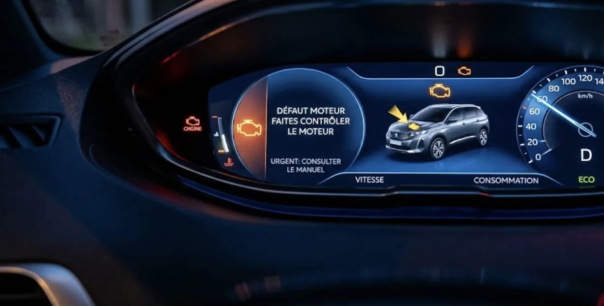 Tableau de bord i-Cockpit du Peugeot 3008 avec voyants allumés